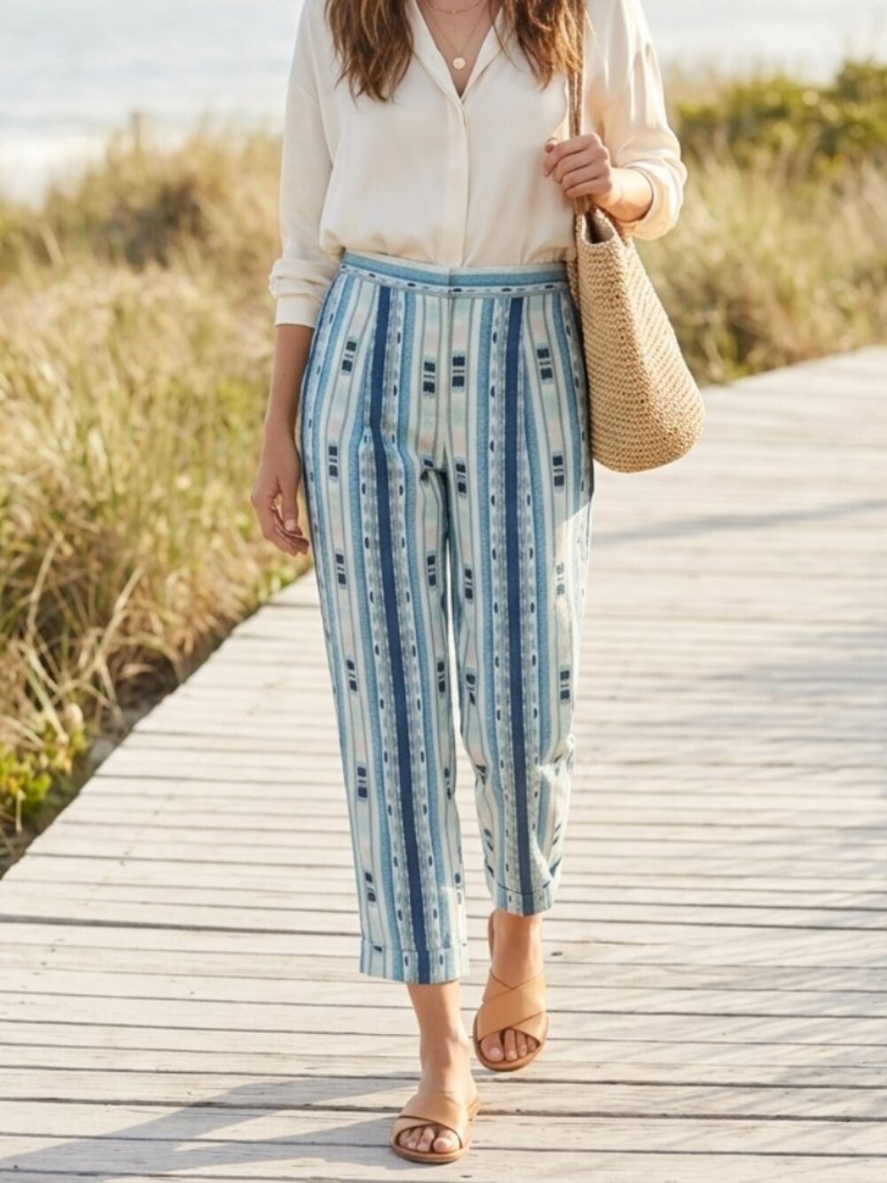 BCBG MaxAzria Cedric Ikat Vertical Striped Crop High Rise Summer Trouser Pants M